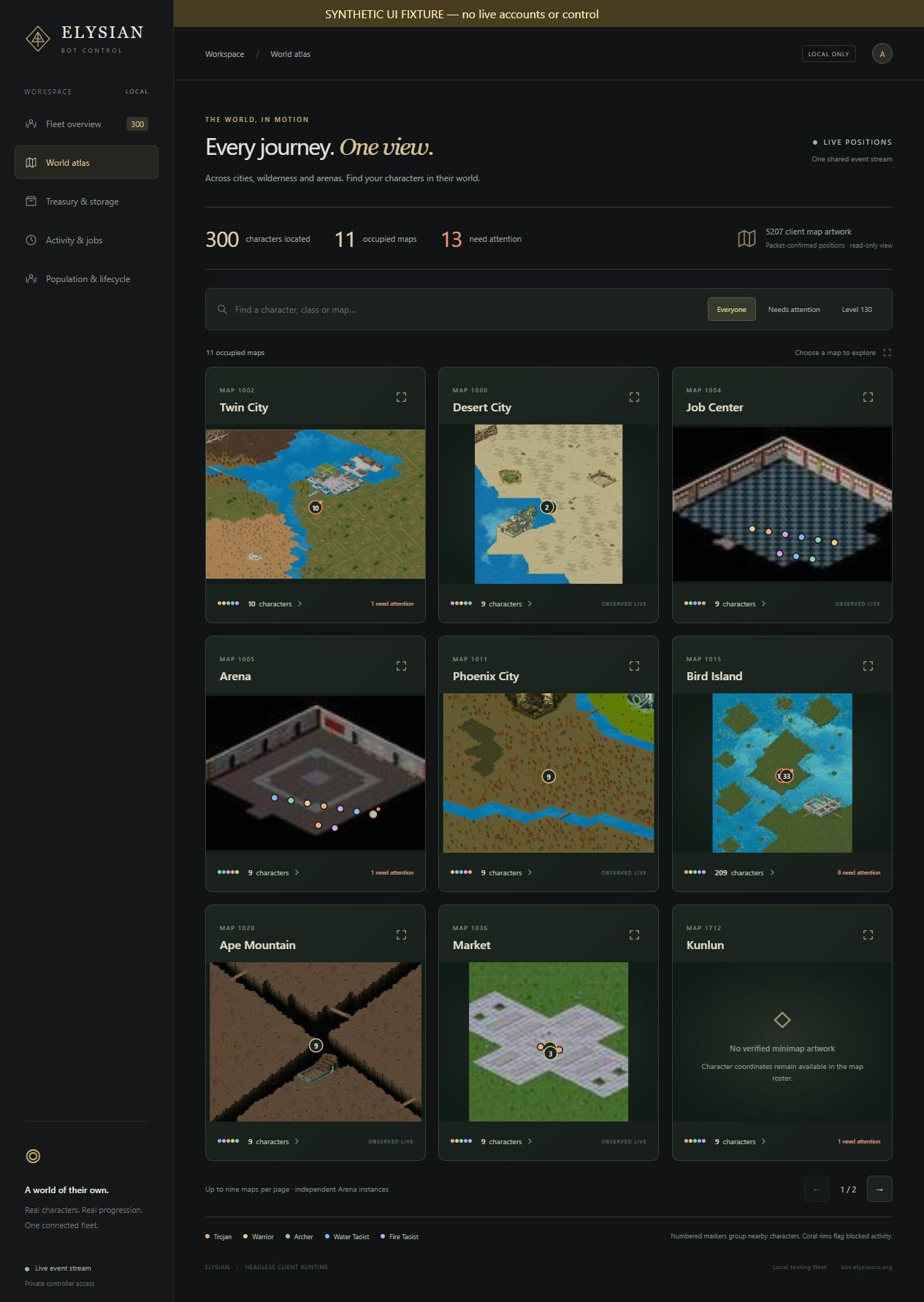 The world atlas panel with sample fleet data